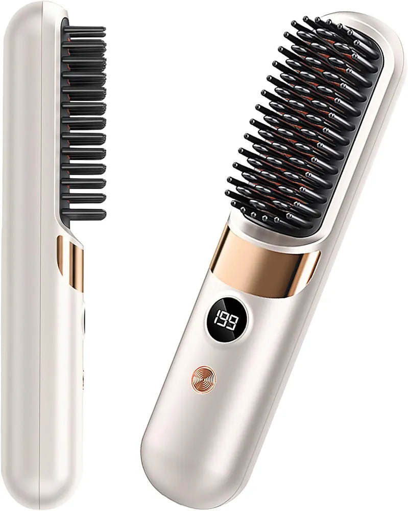 Professional Cordless Hair Straightener Brush - Portable Rechargeable Ceramic Styling Tool with 4 Heat Settings and LED Display