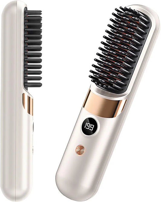 Professional Cordless Hair Straightener Brush - Portable Rechargeable Ceramic Styling Tool with 4 Heat Settings and LED Display