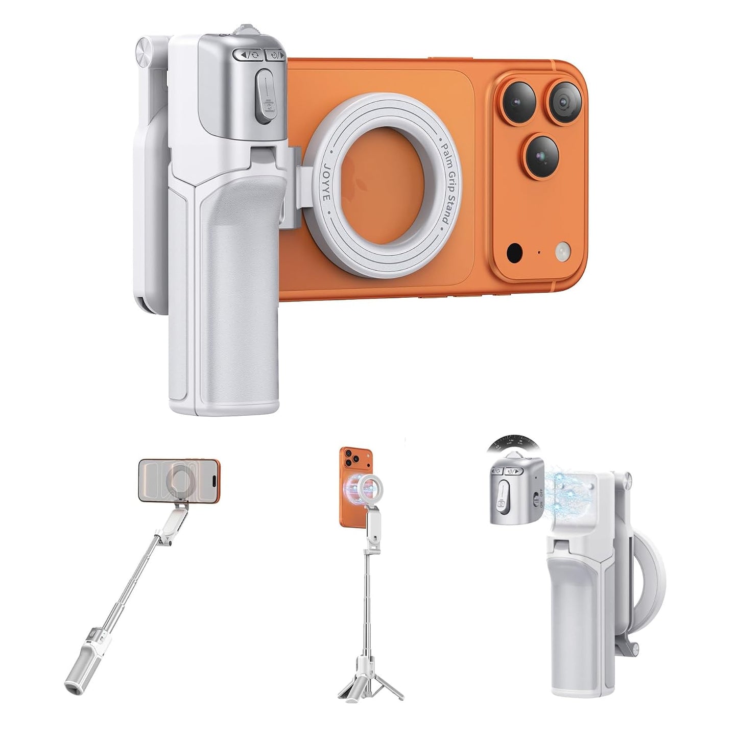 3 in 1] Magnetic Phone Camera Shutter Grip, Extendable Selfie Stick & Tripod Portable for Magsafe iPhone & Android with Detachable Wireless Shutter Button Remote Control Ergonomic Handle - White