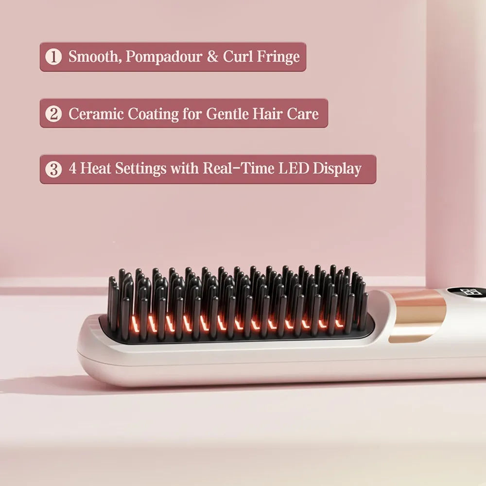 Professional Cordless Hair Straightener Brush - Portable Rechargeable Ceramic Styling Tool with 4 Heat Settings and LED Display
