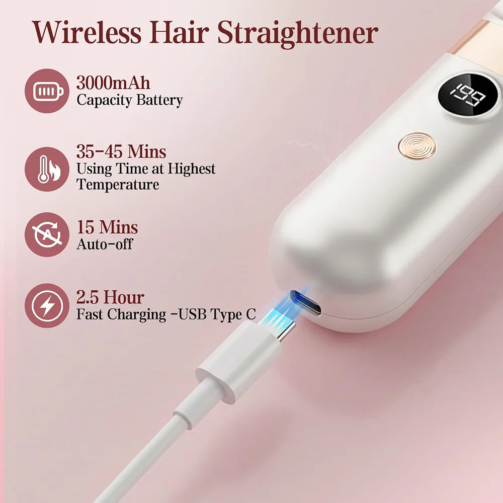 Professional Cordless Hair Straightener Brush - Portable Rechargeable Ceramic Styling Tool with 4 Heat Settings and LED Display