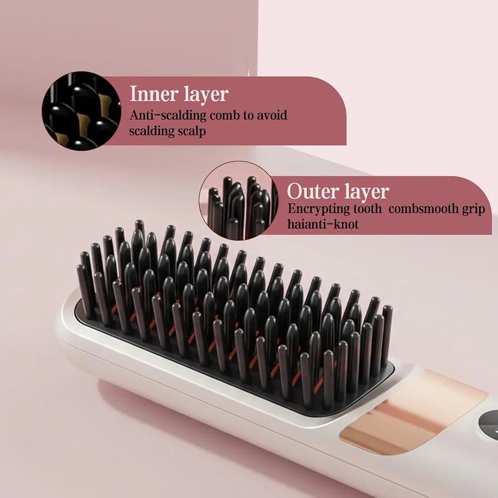 Professional Cordless Hair Straightener Brush - Portable Rechargeable Ceramic Styling Tool with 4 Heat Settings and LED Display