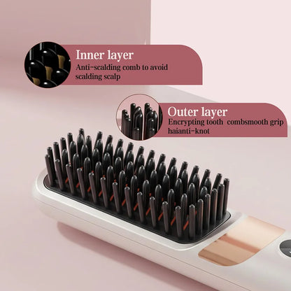 Professional Cordless Hair Straightener Brush - Portable Rechargeable Ceramic Styling Tool with 4 Heat Settings and LED Display
