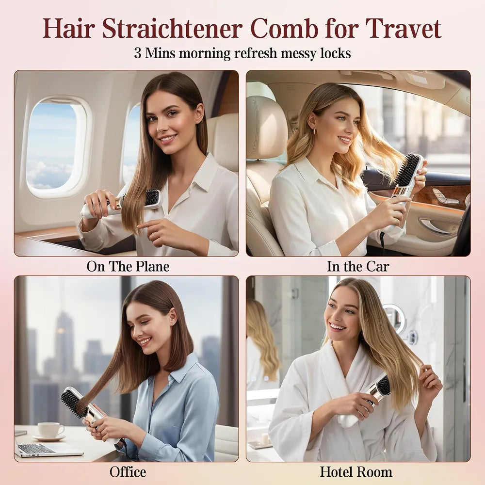 Professional Cordless Hair Straightener Brush - Portable Rechargeable Ceramic Styling Tool with 4 Heat Settings and LED Display