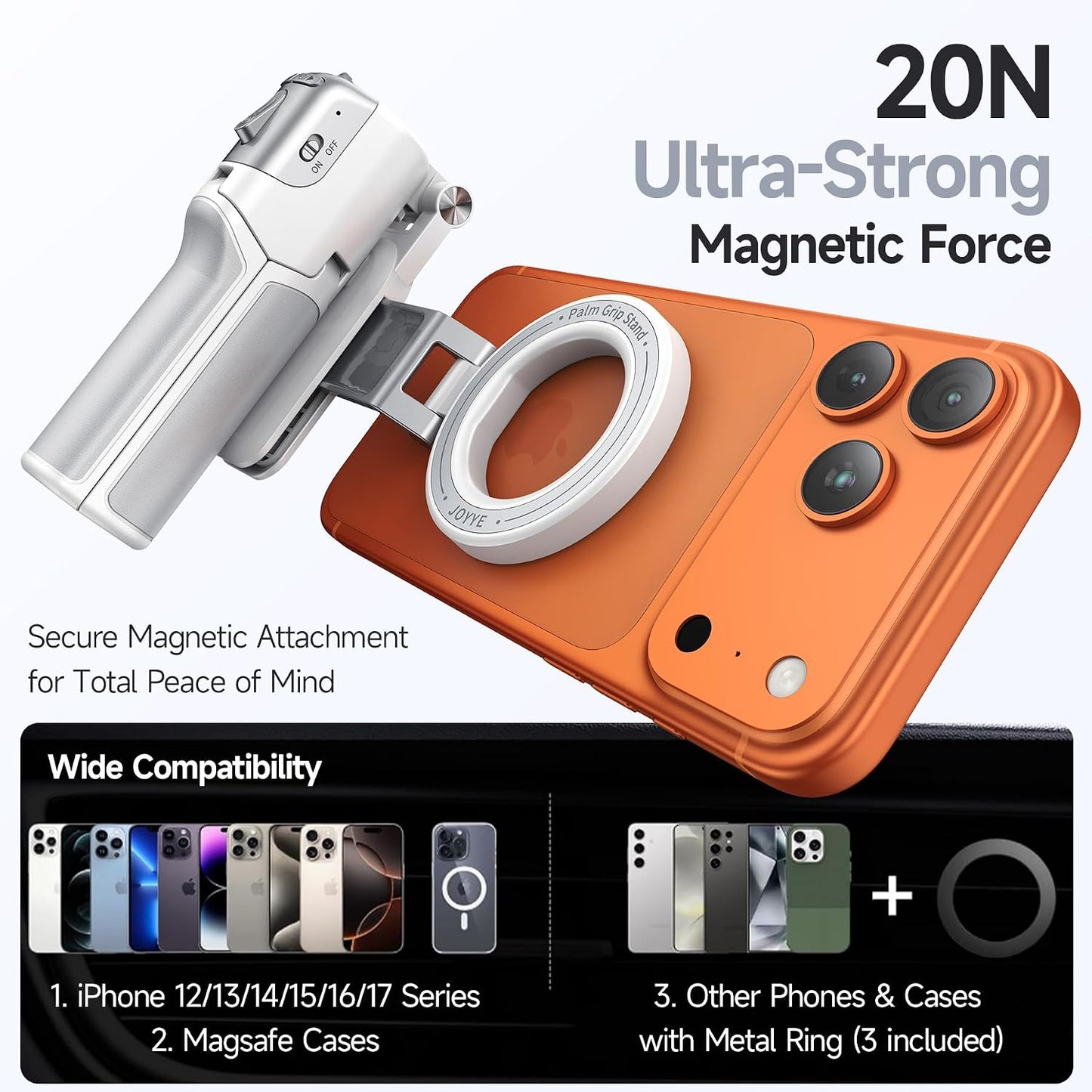 3 in 1] Magnetic Phone Camera Shutter Grip, Extendable Selfie Stick & Tripod Portable for Magsafe iPhone & Android with Detachable Wireless Shutter Button Remote Control Ergonomic Handle - White