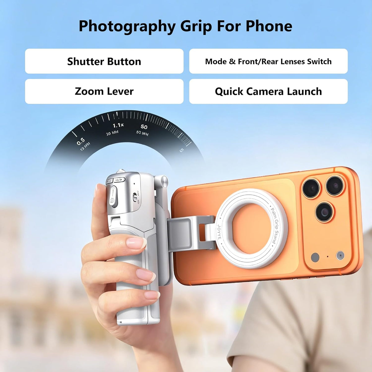 3 in 1] Magnetic Phone Camera Shutter Grip, Extendable Selfie Stick & Tripod Portable for Magsafe iPhone & Android with Detachable Wireless Shutter Button Remote Control Ergonomic Handle - White