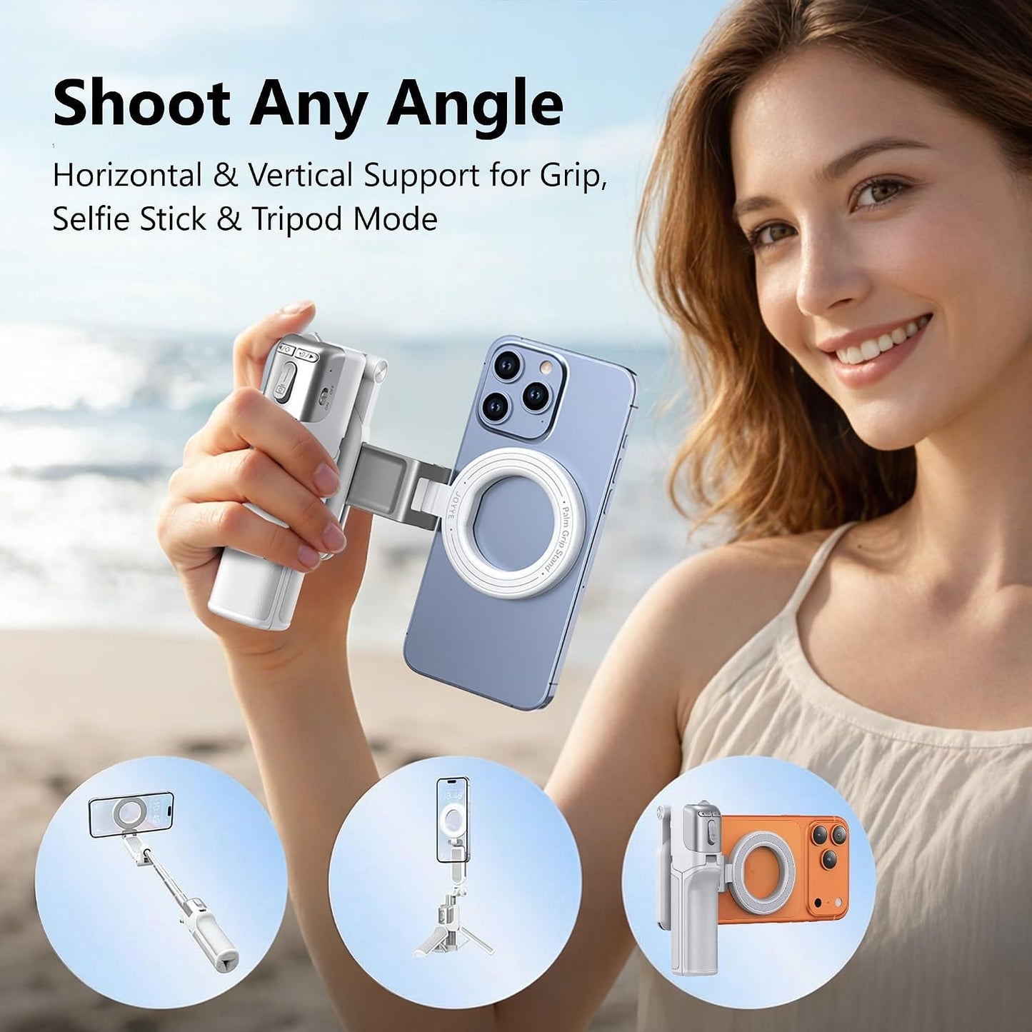 3 in 1] Magnetic Phone Camera Shutter Grip, Extendable Selfie Stick & Tripod Portable for Magsafe iPhone & Android with Detachable Wireless Shutter Button Remote Control Ergonomic Handle - White