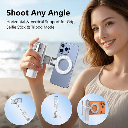 3 in 1] Magnetic Phone Camera Shutter Grip, Extendable Selfie Stick & Tripod Portable for Magsafe iPhone & Android with Detachable Wireless Shutter Button Remote Control Ergonomic Handle - White