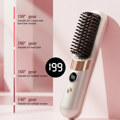 Professional Cordless Hair Straightener Brush - Portable Rechargeable Ceramic Styling Tool with 4 Heat Settings and LED Display