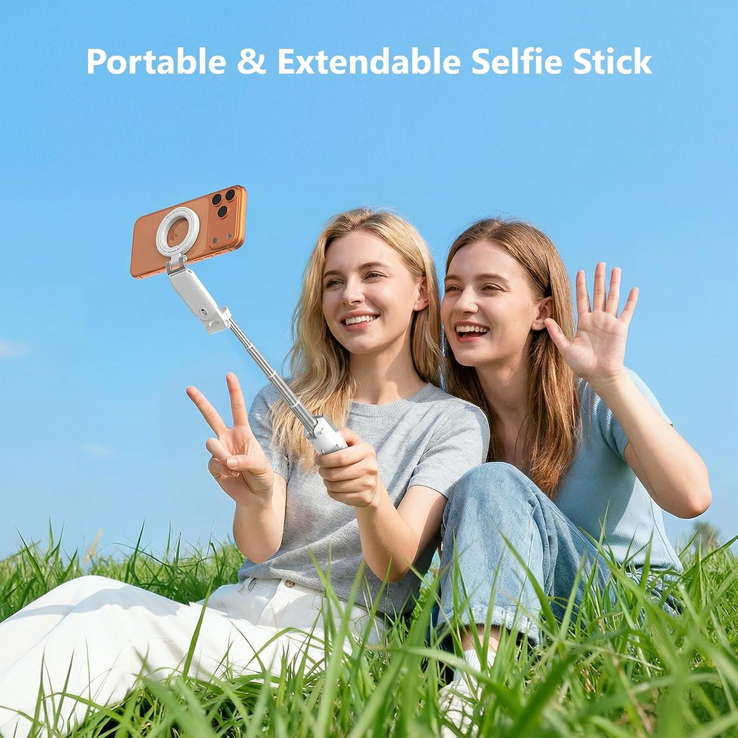 3 in 1] Magnetic Phone Camera Shutter Grip, Extendable Selfie Stick & Tripod Portable for Magsafe iPhone & Android with Detachable Wireless Shutter Button Remote Control Ergonomic Handle - White